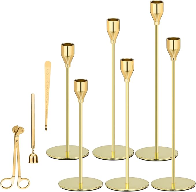 Gold Taper Candle Holders Set of 9, Candlestick Holders, Candle Holders with 3 in 1 Candle Accessory Set, Metal Candle Stand for Mantle Table Centerpiece, Weddings, Dining, Housewarming