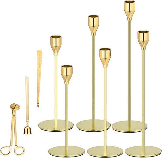 Gold Taper Candle Holders Set of 9, Candlestick Holders, Candle Holders with 3 in 1 Candle Accessory Set, Metal Candle Stand for Mantle Table Centerpiece, Weddings, Dining, Housewarming