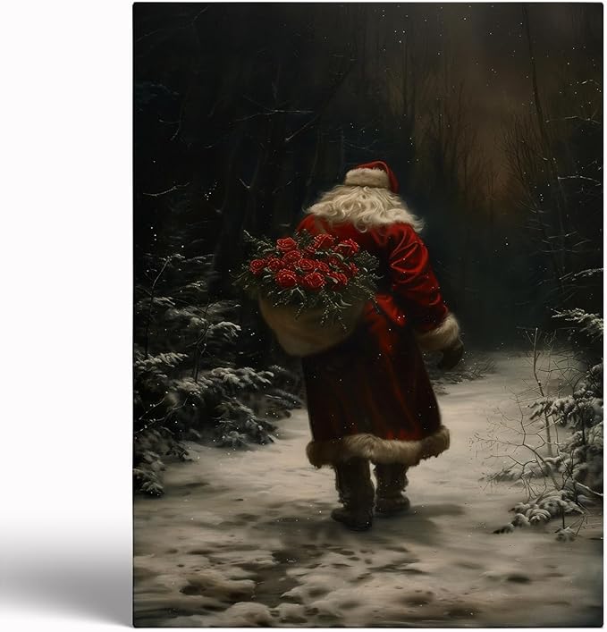 Dark Christmas Santa Wall Art Prints,Moody Christmas Holiday Decor,Moody Santa Claus with Roses,Dark Academia Christmas Print
