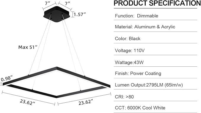 MADEM Room Decor Modern LED Pendant Light Contemporary Chandelier Adjustable Pedant Light, Square Pendant Lighting for Living Dining Room,Kitchen Island