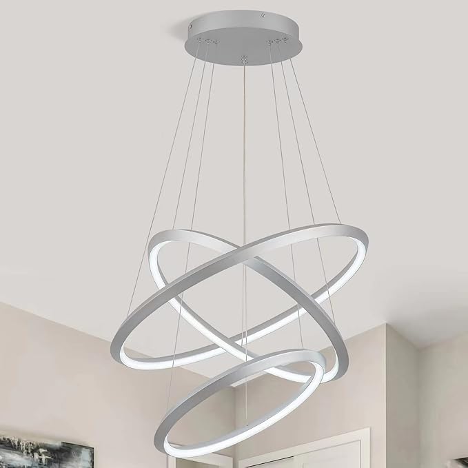 Modern LED Chandelier Room Decor 3 Ring Circular Chandelier Dimmable 23.6”Round Pendant Light Contemporary for Dining Living Room Foyer Bedroom 6000K Silver 5040lm