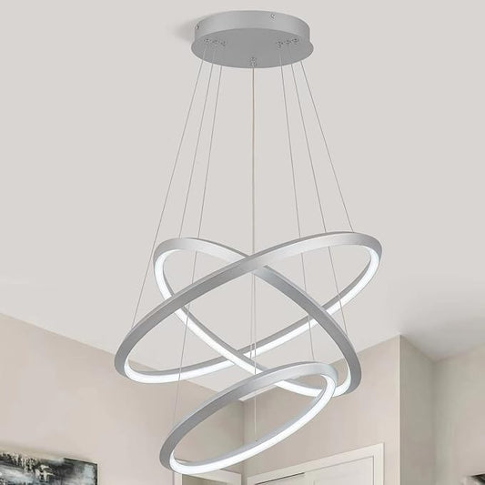Modern LED Chandelier Room Decor 3 Ring Circular Chandelier Dimmable 23.6”Round Pendant Light Contemporary for Dining Living Room Foyer Bedroom 6000K Silver 5040lm