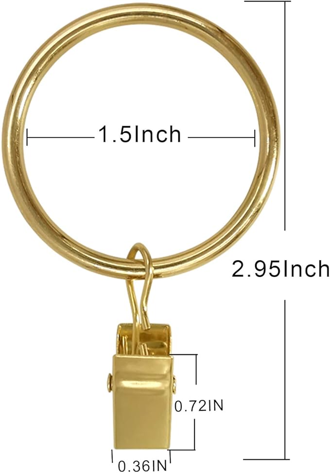 40 Pack Metal Curtain Rings with Clips, Curtain Clip Rings Hooks for Hanging Drapery Drapes Bows, Curtain Rod Rings 1.5 inch Interior Diameter, Gold