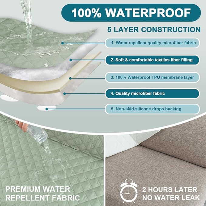 Turquoize 100% Waterproof Futon Cover Futon Slipcover Washable Armless Sofa Bed Slipcover Protector Seat Width Up to 70" with Adjustable Elastic Strap Anti-Slip for Dogs, Sage