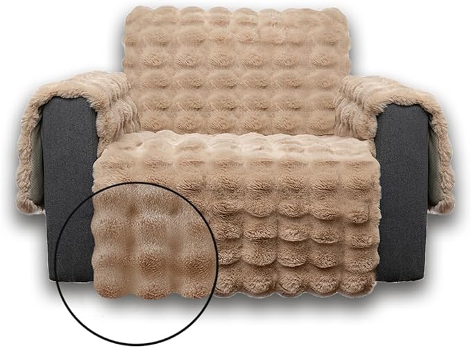 Plush and Fuzzy Shaggy Couch Cover, Dog Pad Faux Fur Sofa Cover, Water Resistant Slipcover, Non-Slip Furniture Protector for Kids,Dogs,Cats.(Light Brown-Bubble, Small-XL Chair)