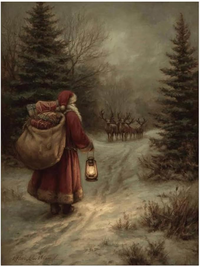 Old World Santa and Reindeer Wall Art,Vintage Christmas Portraits Painting,Cozy Winter Wall Decor,Antique Christmas Print,Holiday Artwork