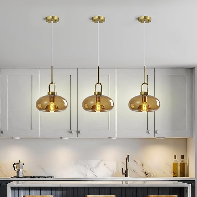 Brown Glass Pendant Lights Kitchen Island Gold Pendant Light Fixtures Adjustable Height Modern Pendant Lighting for Bedroom Dining Room (1-Pack)