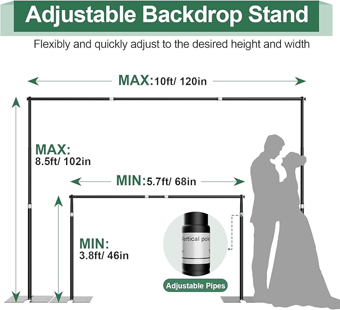 Heavy Duty Backdrop Stand, 8.5ft x 10ft Pipe and Drape Kit with Metal Flat Base, Adjustable Background Support System with Carry Bag for Wedding Party Birthday Photoshoot