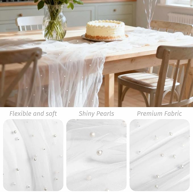 WELTRXE Pearl Table Runner 120 Inch 10FT, White Gauze Table Runners, Rustic Boho for Holiday Wedding Decor, Home Party ,Baby Shower, Birthday Party