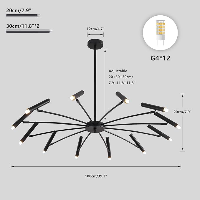 KCO Lighting Modern Black Sputnik Chandelier Mid Century Vintage 12-Lights Semi Flush Mount Chandelier Ceiling Light Industrial Satellite Starburst Chandelier Pendant Light (12-Light)