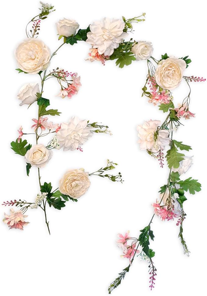 Peony Flower Garland, Artificial Flowers, 70in/180cm Length, Center Flower Decoration, Faux Flowers Garland for Wedding Decor Home Table Runner Mantle Party Decor (Champagne Peony Garland)