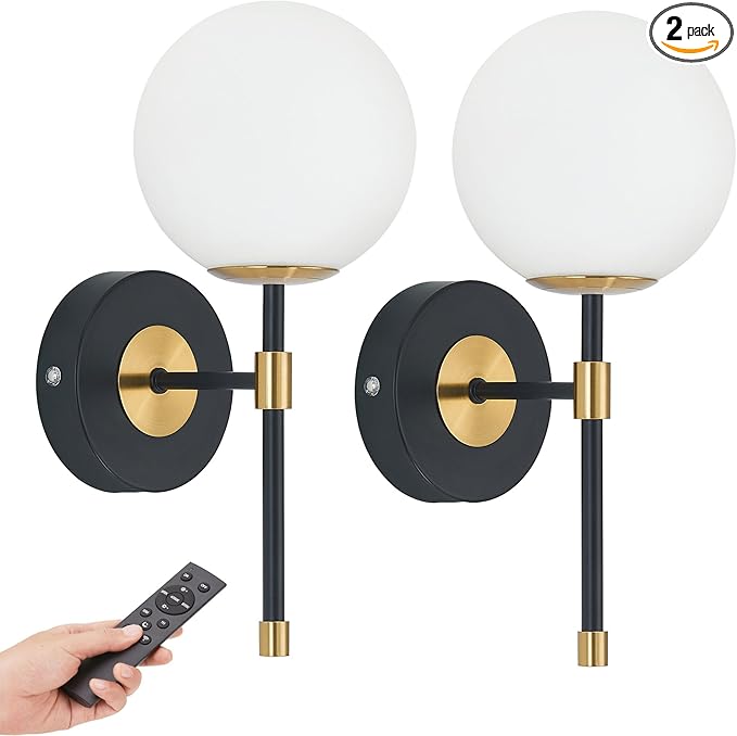 Battery Operated Globe Wall Sconces Set of 2, Black & Gold Wireless Wall Lights with Remote Control, Rechargeable 3 Color Stepless Dimming Modern Wall Decor Lamp for Bedroom Living Room Hallway