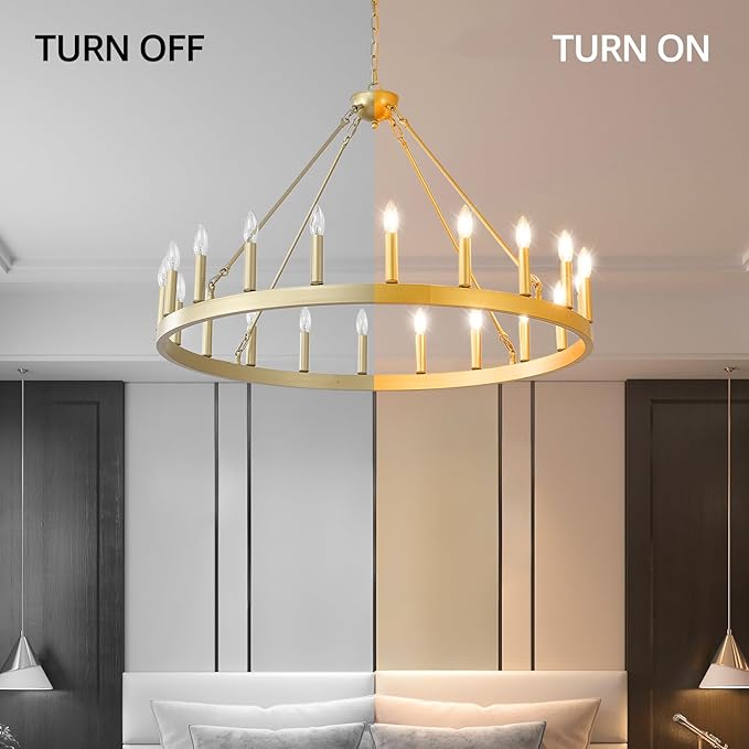 Gold Wagon Wheel Chandelier 40”, 20-Light Farmhouse Wagon Wheel Chandelier for Dining Room, Modern Round Iron Candle Chandeliers Light Fixture for Living Room, Foyer, Entryway, E12