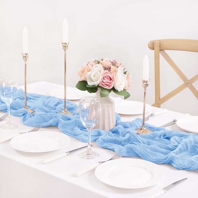 MLMC 12 Pack Baby Blue Cheesecloth Table Runner 10ft Rustic Light Blue Baby Shower Table Runner Bulk 35x120 Inches for Wedding Birthday Baby Shower Gender Reveal Decor