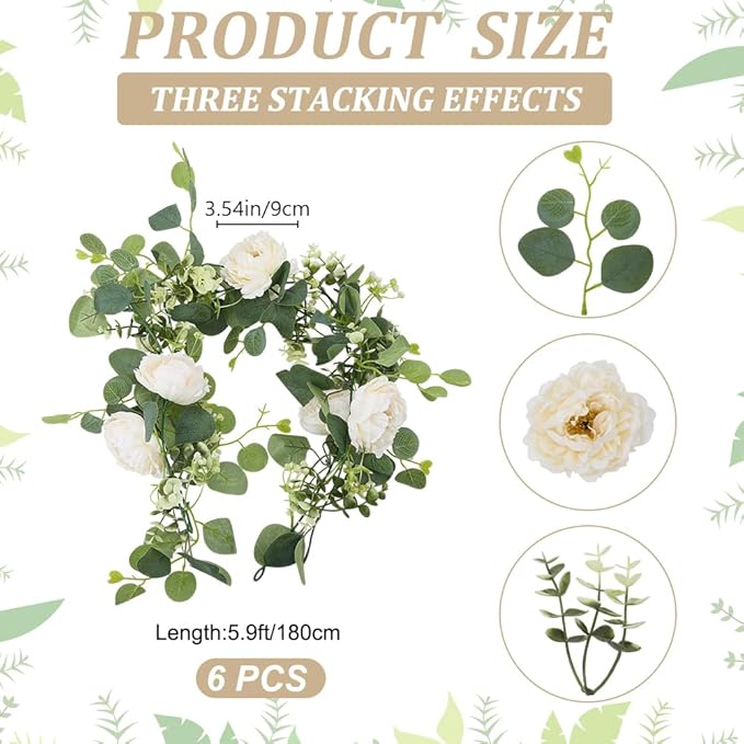 6Pcs x 6Ft Eucalyptus Garland with Flowers, Faux Greenery Garland Vines, Artificial Flower Garlands for Wedding Table Backdrop Arch Wall Party Ceremony Decorations