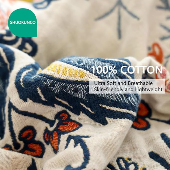 Boho Throw Blanket for Bed 100% Cotton Ultra Soft Rustic Quilt Fall Blanket Bird Floral Printed Farmhouse Decor Bed Blankets,60"×80" All Season Rustic Throw for Sofa Couch Chair