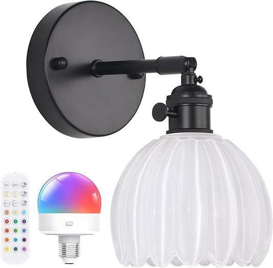 Vintage Battery Operated Wall Sconce with Cute White Tulip Glass Lampshade Wireless Rechargeable Battery Powered Black Wall Light with Remote Control for Bedside Bedroom Doorway