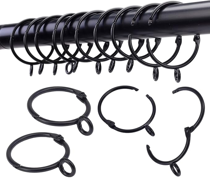 Openable Curtain Rings with Eyelet,24PCS Black Curtain Rings,Drapes Rings 2 in Interior Diameter,Hinge Snap-Joint Design, Fits Curtain Rods Up to 1.8 Inches TXZWJZ