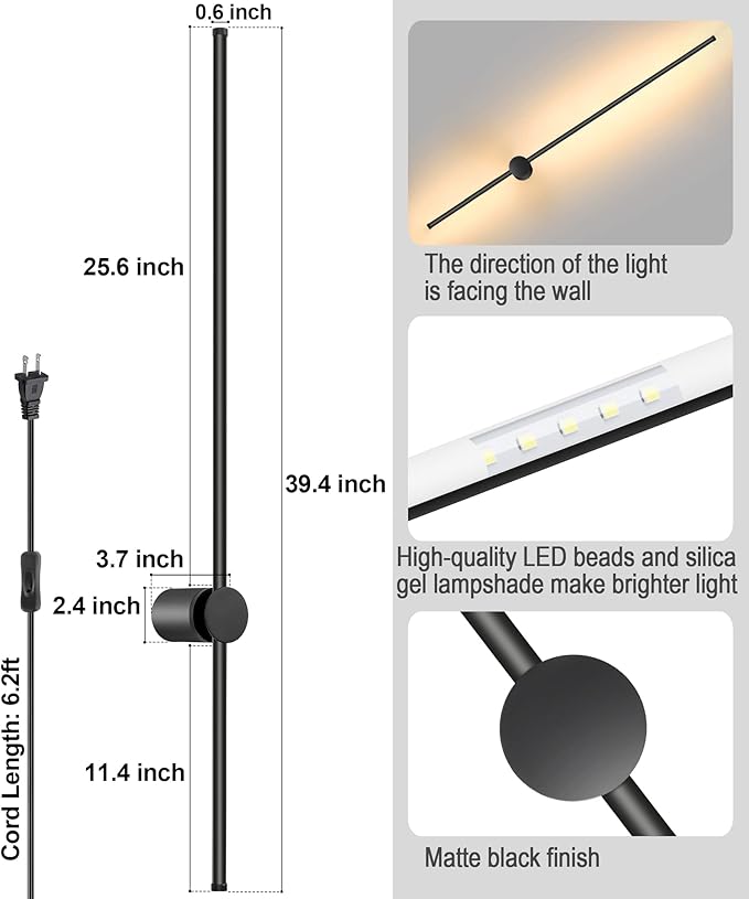 Wall Sconces Set of Two with Remote, Stepless Colors 3000K-6500K & Stepless Dimming, Hardwire or Plug-in, 180° Rotate, LED Black Plug in Wall Sconces with Timer & Night Light, 39.4 Inches