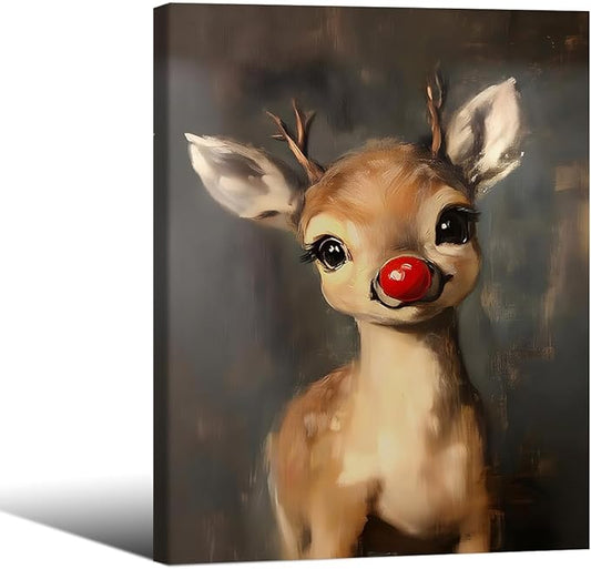Christmas Reindeer Wall Art Winter Cute Whimsical Animal Canvas Poster 08x10 inch Framed Vintage Red Nose Deer Painting Prints for Rustic Living Room Bedroom Wall Decor