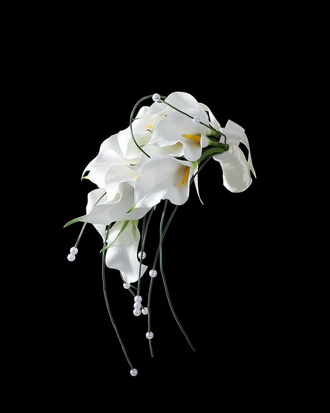 Bridal Bouquet:9 Stems White Calla Lily Pearl Bouquet EVA Real Touch-Wedding Bouquet for Bride/Bridesmaid