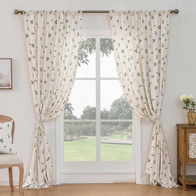 F-CHU Orange Floral Curtains 84 Inch Length 2 Panels Set Living Room Floor Length Drapes Bedroom Boho Farmhouse Window Curtain Panels Rod Pocket Tassel Dining Room Window Treatments 55" W x 84" L