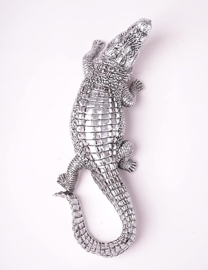 HAUCOZE Crocodile Sculpture Statue Animal Figurine Geometric Decor Polyresin Silver 14 inch