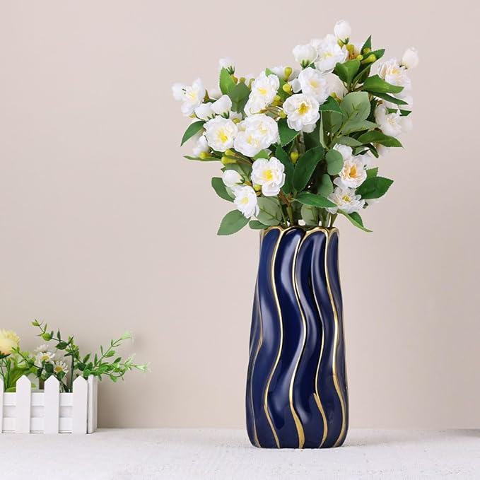 7.5" Blue Ceramic Vase - Minimalist Blue and Gold Flower Vase, Blue Decor Large Pampas Grass Vase, Boho Decorative Centerpiece Vase for Home Decor, Table, Shelf, Mantel, and Entryway