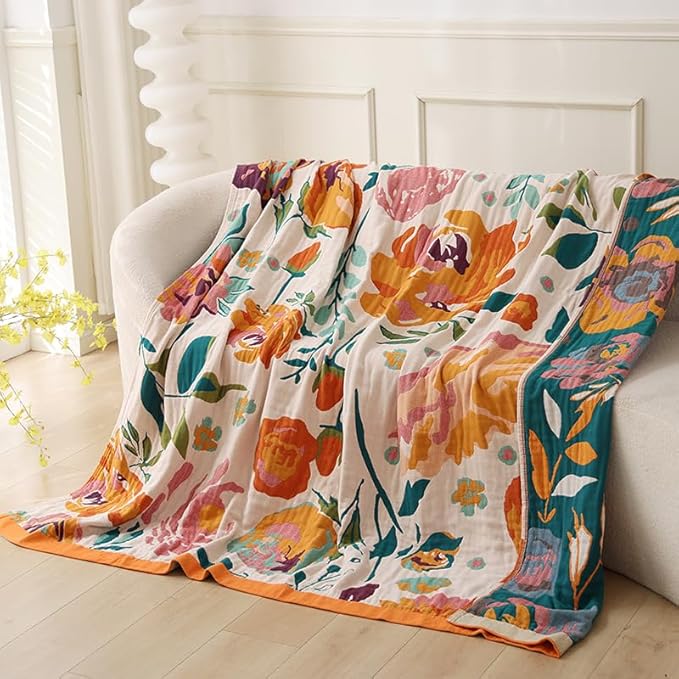 Boho Throw Blanket for Bed 100% Cotton Ultra Soft Rustic Quilt Fall Blanket Bird Floral Printed Farmhouse Decor Bed Blankets,80"×90" All Season Rustic Throw for Sofa Couch Chair