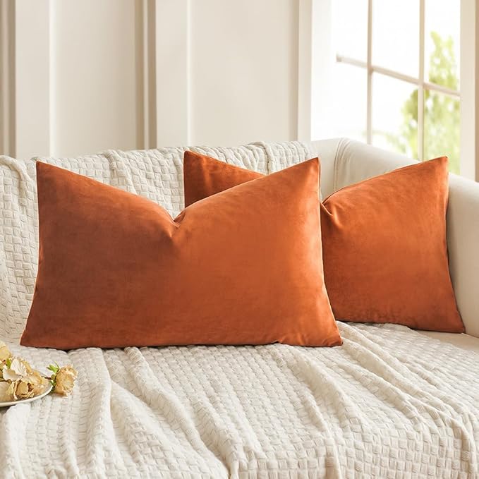 MIULEE Pack of 2 Velvet Soft Solid Fall Decorative Square Lumbar Throw Pillow Covers Autumn Cushion Cases for Sofa Bedroom Car Decor 12x20 Inch Orange