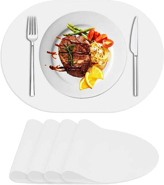 Oval Silicone Placemat Set of 4,Heat Resistant Placemats, Silicone Table Mats,Non-Slip Dining Mat for Home,Waterproof Easy Clean Kids Placemats,17"x12" LSR Translucent (4Pcs, White)