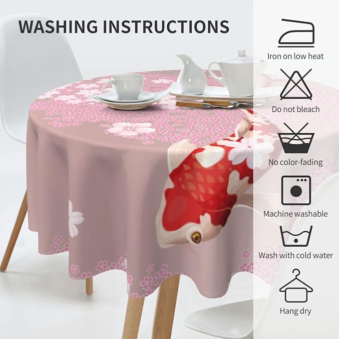 Cherry Blossom Tablecloth, Pink Floral Watercolor Japanese Asian Style Farmhouse Water Resisitant Wipeable Table Cover for Dining Kitchen Living Room Home Party Holiday Decor 60 inch Round