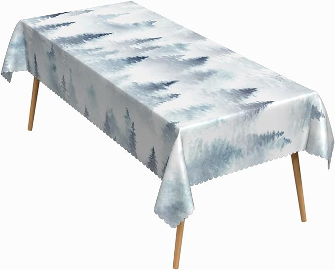 70x90 Inch Nordic Winter Nature Rectangle Tablecloth Misty Foggy Pine Trees Forest Table Cloth Waterproof Stain Resistant Table Cover for Kitchen Dining Picnic BBQ Home Holiday Party