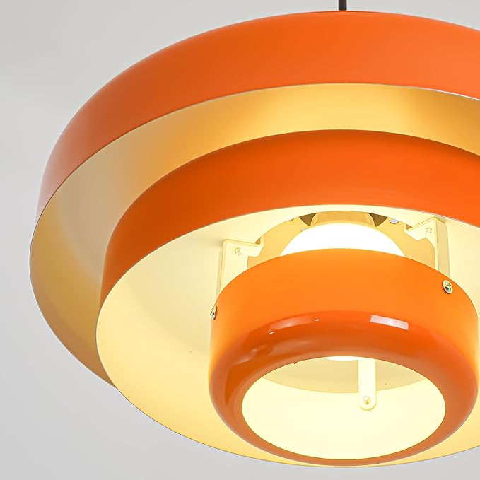 Plug in Pendant Light, Mid Century Orange Hanging Lights with Plug in Cord, 3-Layer Metal Shade, Adjustable Pulley, Dimmable, Vintage Hanging Lamp for Bedroom, Kitchen Island, Dining Room