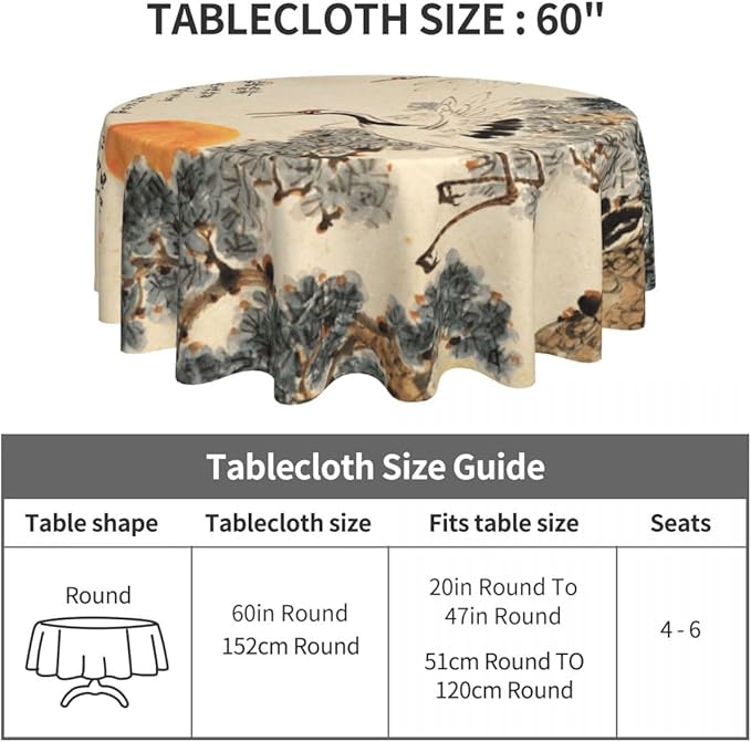 Japanese Tablecloth, Traditioanal Chinese Landscape Oriental Crane Vintage Ink Painting Water Resisitant Wipeable Table Cover for Dining Kitchen Living Room Home Party Holiday Decor 70 inch Round