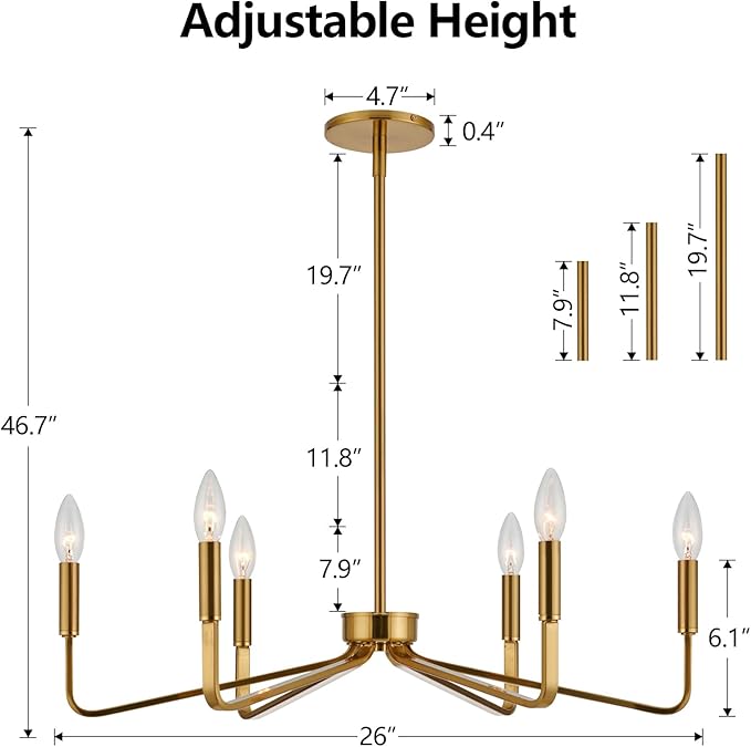 Gold Farmhouse Chandeliers for Dining Room, 6-Light Modern Chandelier Light Fixture, Brushed Brass Industrial Candle Lighting Hanging Ceiling for Living Room Bar Kitchen Island Lights