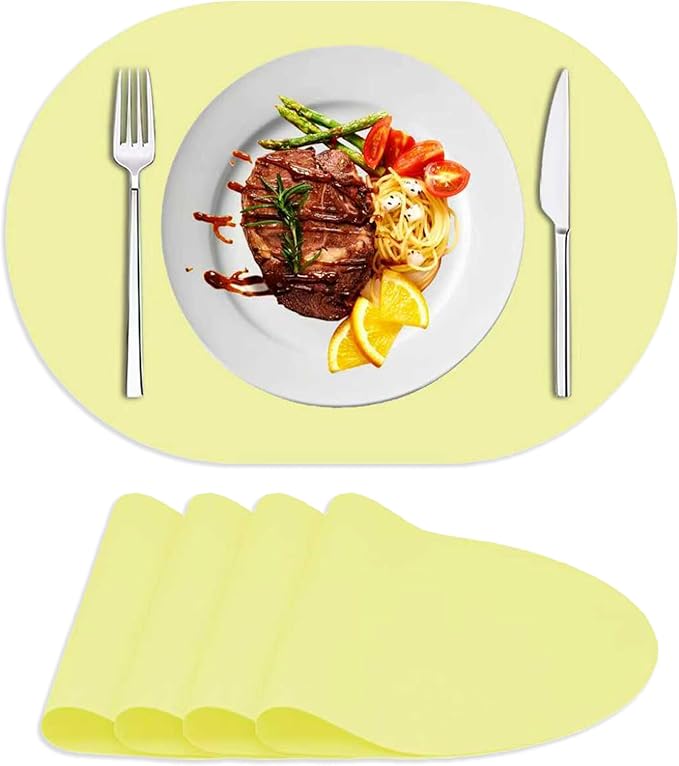 Oval Silicone Placemat Set of 4,Heat Resistant Placemats, Silicone Table Mats,Non-Slip Dining Mat for Home,Waterproof Easy Clean Kids Placemats,17"x12" LSR Translucent (4Pcs, Yellow)
