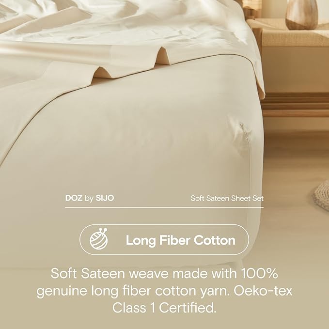 DOZ 100% Long Staple Cotton Duvet Cover Set, Soft Sateen Weave Cotton, Smooth, Breathable, Hotel Comfort, 90"x90", 8 Loops, 3pc – 2 Pillowcases 1 Duvet Cover (Fog, Full/Queen)