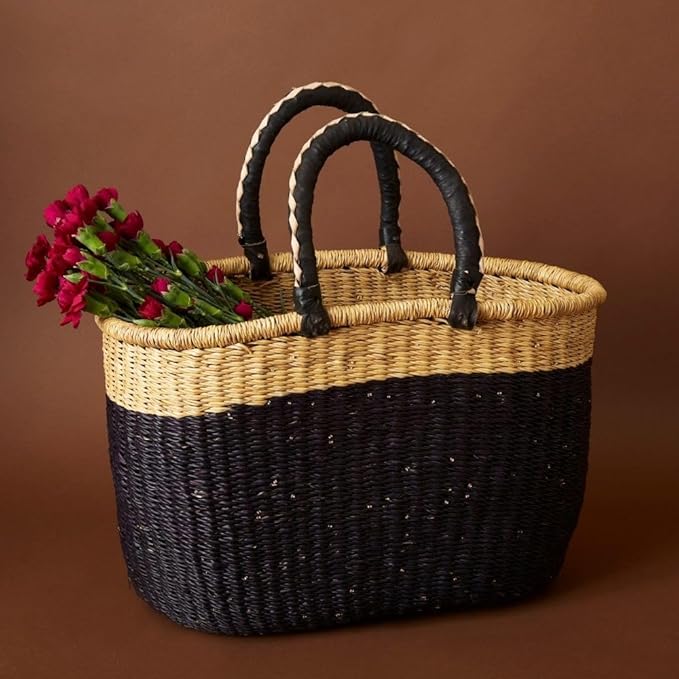 Black Block Picnic Basket, Reusable Grocery Bag, Farmers Market Tote, Shopping, Fruit Picking, Harvesting, Foraging, Kitchen Countertop, Decorative, Wicker, Woven