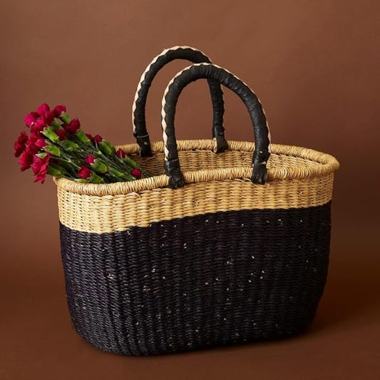 Black Block Picnic Basket, Reusable Grocery Bag, Farmers Market Tote, Shopping, Fruit Picking, Harvesting, Foraging, Kitchen Countertop, Decorative, Wicker, Woven
