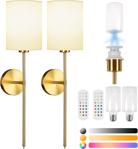Battery Operated Wall Sconce Set of Two, Rechargeable Wireless Sconces with Dimmable Detachable Magnetic Bulbs and Remote, 15 Colors Wall Lights for Bedroom Living Room Hallway Fireplace