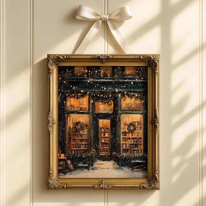 OZCONO Vintage Christmas Wall Art, Cozy Bookstore Front with Wreaths and Snowy Street, Classic Holiday Winter, Warm Lights Winter Bookshop Painting, Festive Seasonal Christmas Decor (Unframed) (9x11)