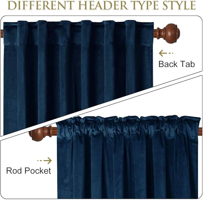 StangH 63 inches Navy Blue Blackout Curtains Soft Heavy Thermal Insulated Velvet Curtains, Back Tab Room Darkening Privacy Drapes for Living Room/Kitchen Window, W52 x L63, 2 Panels