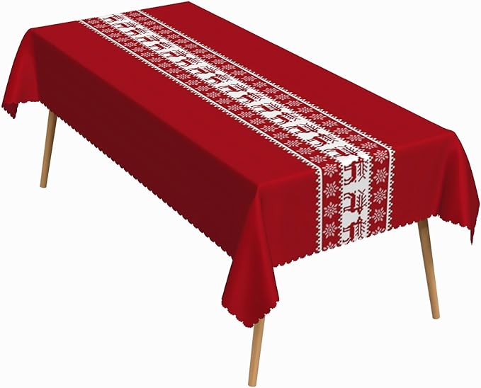 70x140 Inch Christmas Theme Rectangle Tablecloth Winter Snowflakes Reindeer Red Table Cloth Washable Durable Table Cover for Kitchen Dining Banquet Ugly Christmas Sweater Party Decor
