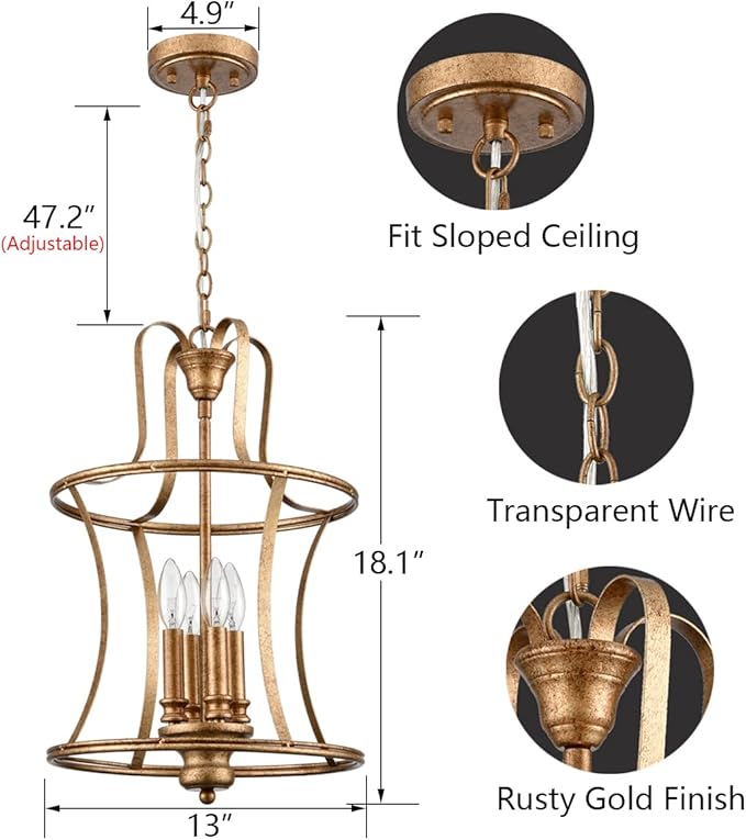 Modern Lantern Pendant Light 4-Light Chandelier Lighting, Rusty Gold for Kitchen Island Dining Room Entryway