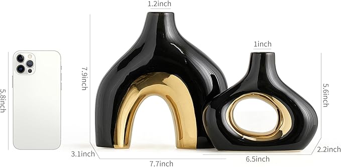 AWNR Black Vase Gold Decor: Set of 2 Ceramic Donut Vase for Home Decor Boho Rustic Vases for Flowers Unique Flower Vase for Living Room Bedroom Mantel Office Shelf Centerpiece Table Decorations