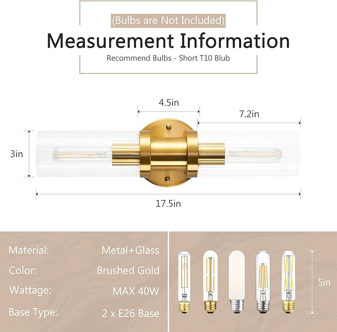 Gold Wall Sconces, 17.5 inch Modern Wall Sconces Lighting with Stripped Glass Shade, 2-Light Inch Gold Vanity Light Wall Lamp for Mirror Bathroom Kitchen Living Room