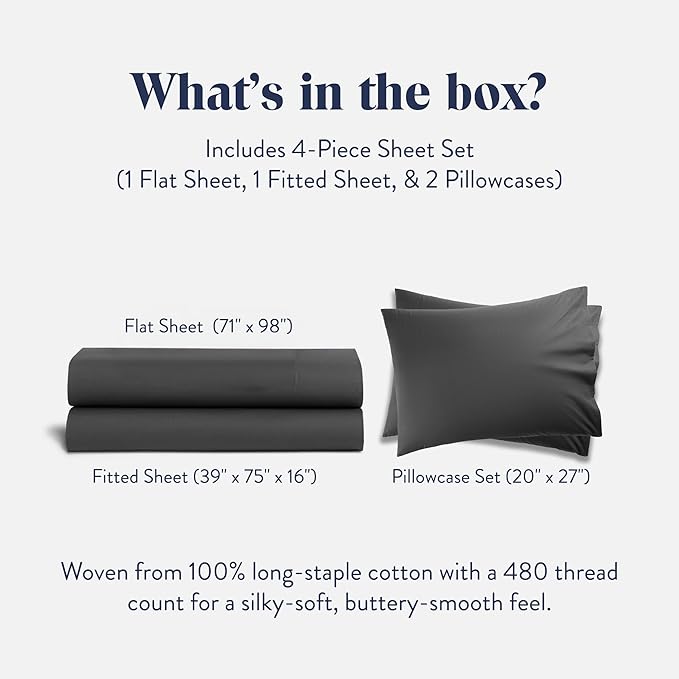 Brooklinen Luxury Sateen 4 Piece Sheet Set - 100% Cotton Bed Sheets, Soft & Durable Twin Sheets Set in Slate Grey, Oeko-TEX Certified Bedding Set, 1 Fitted Sheet, 1 Flat Sheet, 2 Pillowcases