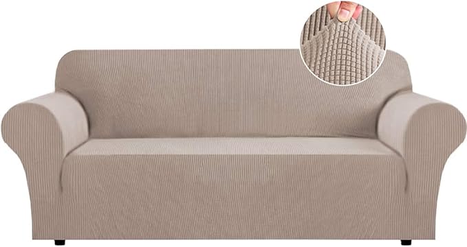 Flamingo P High Stretch Sofa Slipcover Non Slip Couch Cover for 3 Cushion Couch Washable Pet Furniture Protector Covers with Elastic Bottom, Thick Jacquard Fabric (Large, Sand)