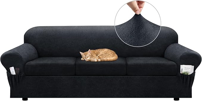 Sofa Slipcover with Armrest Pockets 4-Piece Set, Stretch Faux Leather Extra Large Couch Covers for 3-Cushion Couches(Fits 98-112") - Machine Washable, Pet & Kid Friendly - Dark Gray